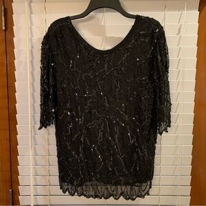 Vintage Carolyne Barton Night Top Silk Beaded Sequin Black  - Size Large